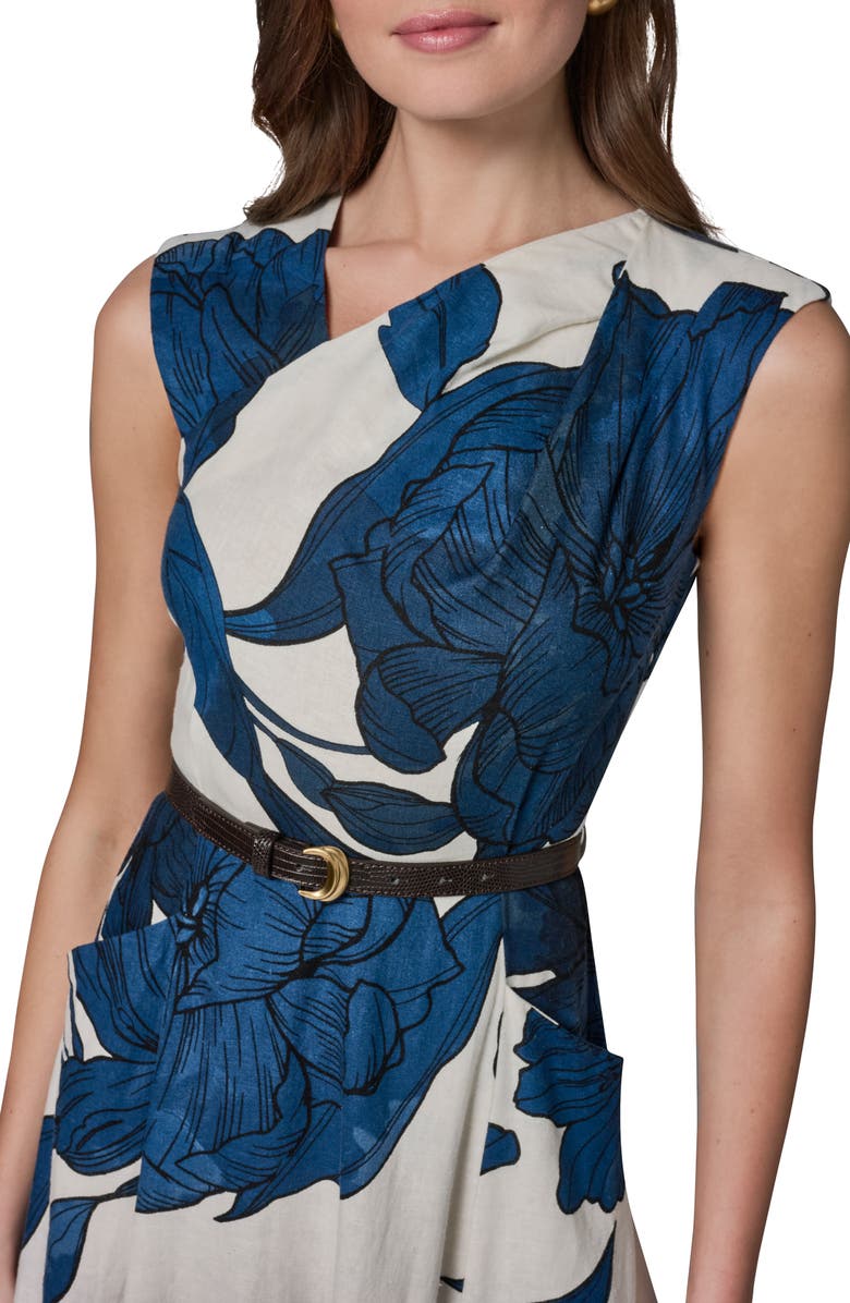 Donna Karan New York Belted Floral Linen Blend Fit & Flare Dress, Alternate, color, Cream/ Night
