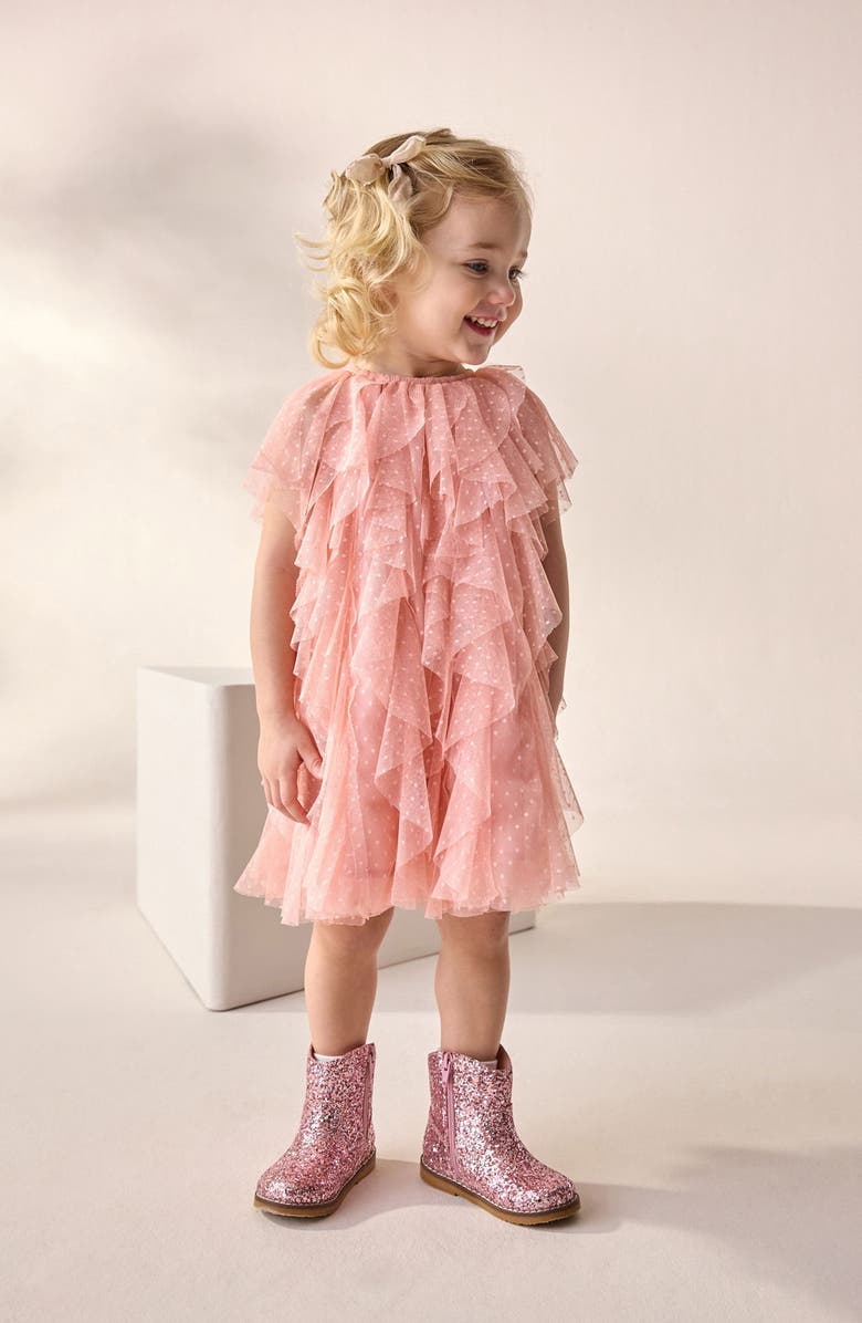 NEXT Kids' Ruffle Dot Mesh Party Dress, Alternate, color, Pink