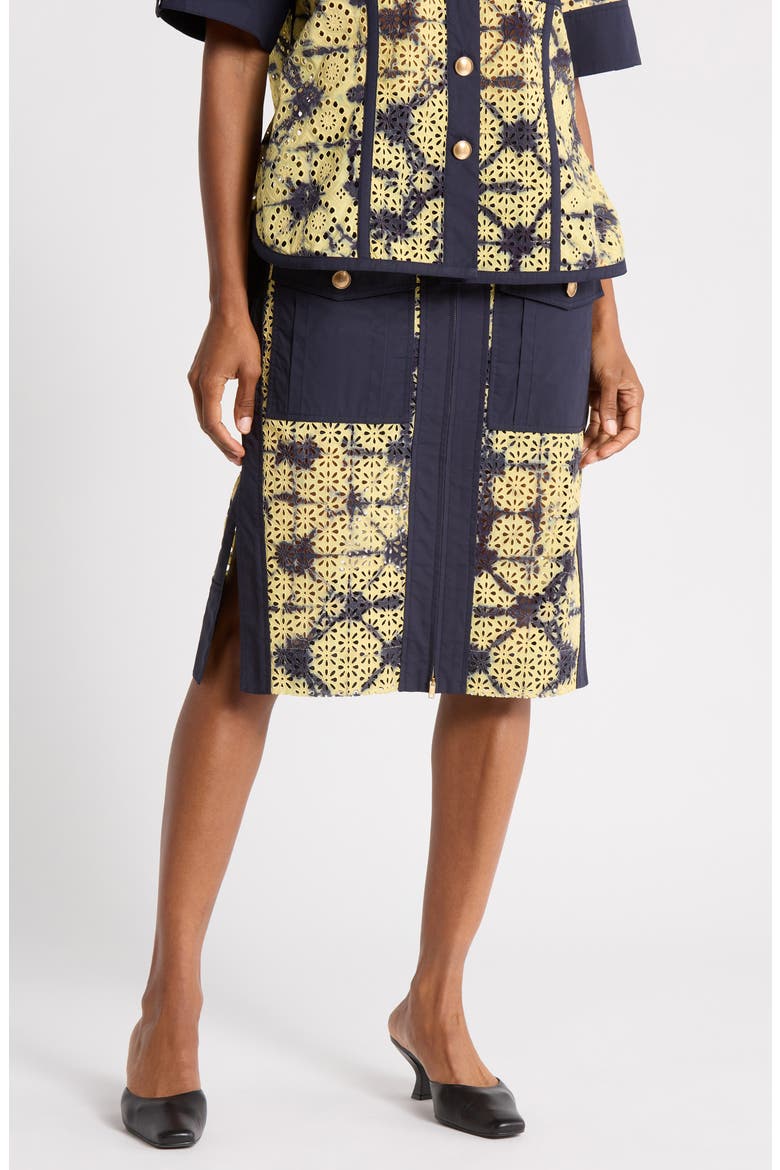 Printed Broderie Anglaise Utility Midi Skirt, Main, color, BUTTER-INDIGO MULTI