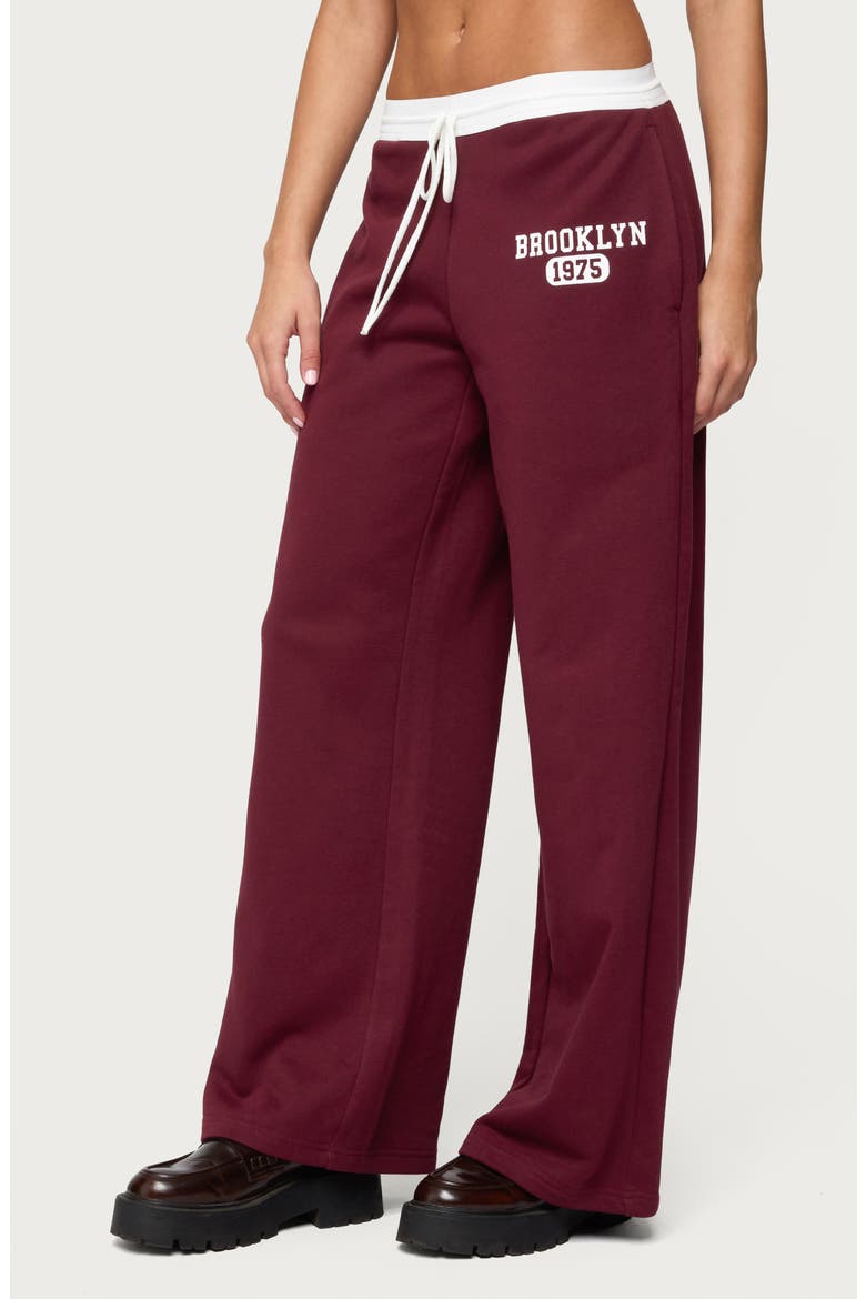 Brookie Contrast Waist Logo Wide Leg Sweatpants, Alternate, color, BURGUNDY