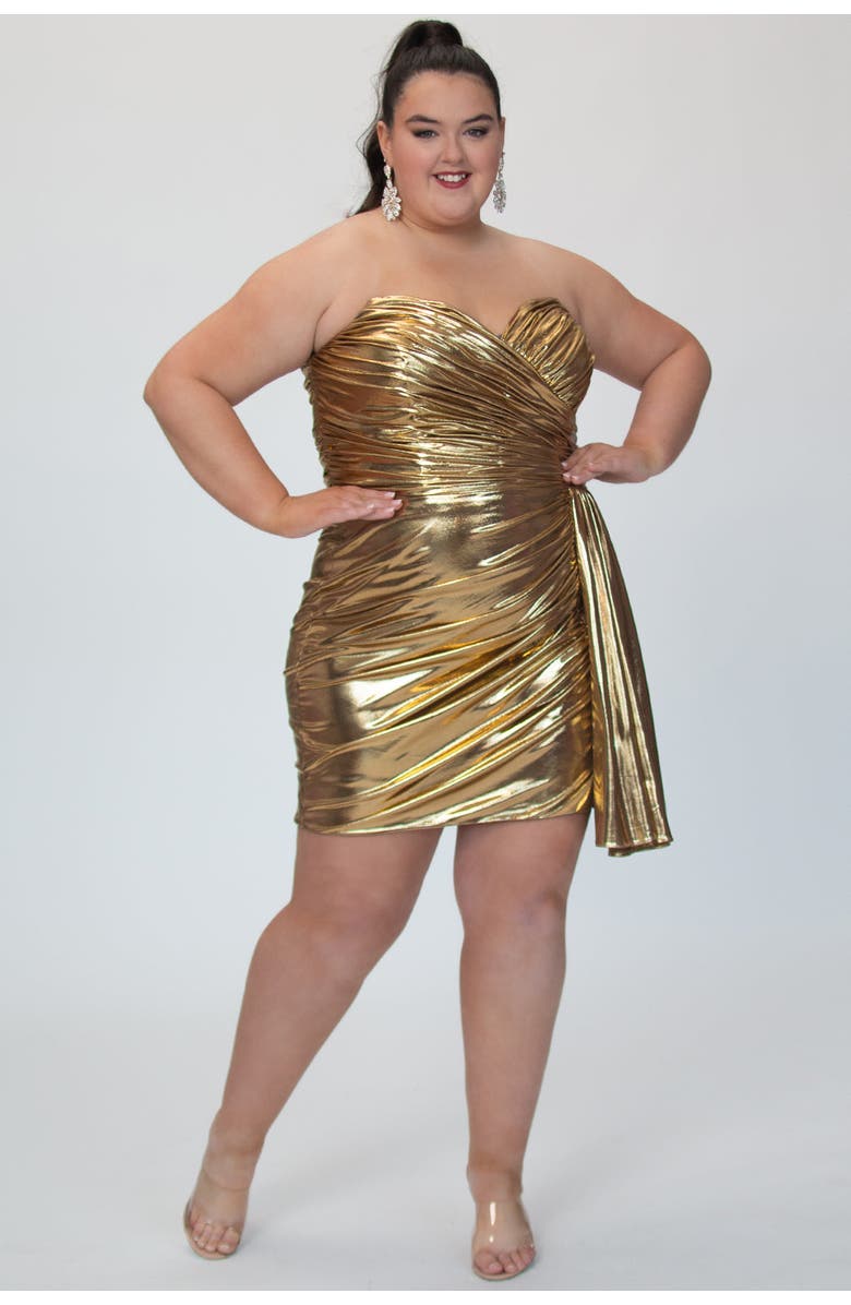 Sydney's Closet Metallic Strapless Short Party Dress with Drape Flyaway, Alternate, color, Gold