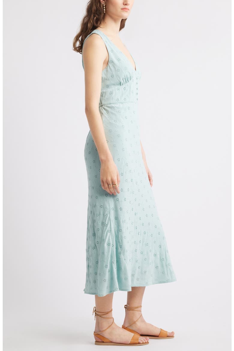 Eyelet Bias Cut Sleeveless Midi Dress, Alternate, color, TEAL TIDE