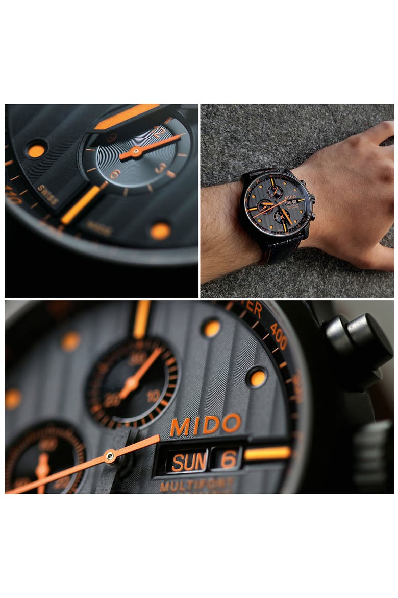 Multifort Automatic Chronograph Leather Strap Watch, 44mm, Alternate, color, BLACK/ ORANGE