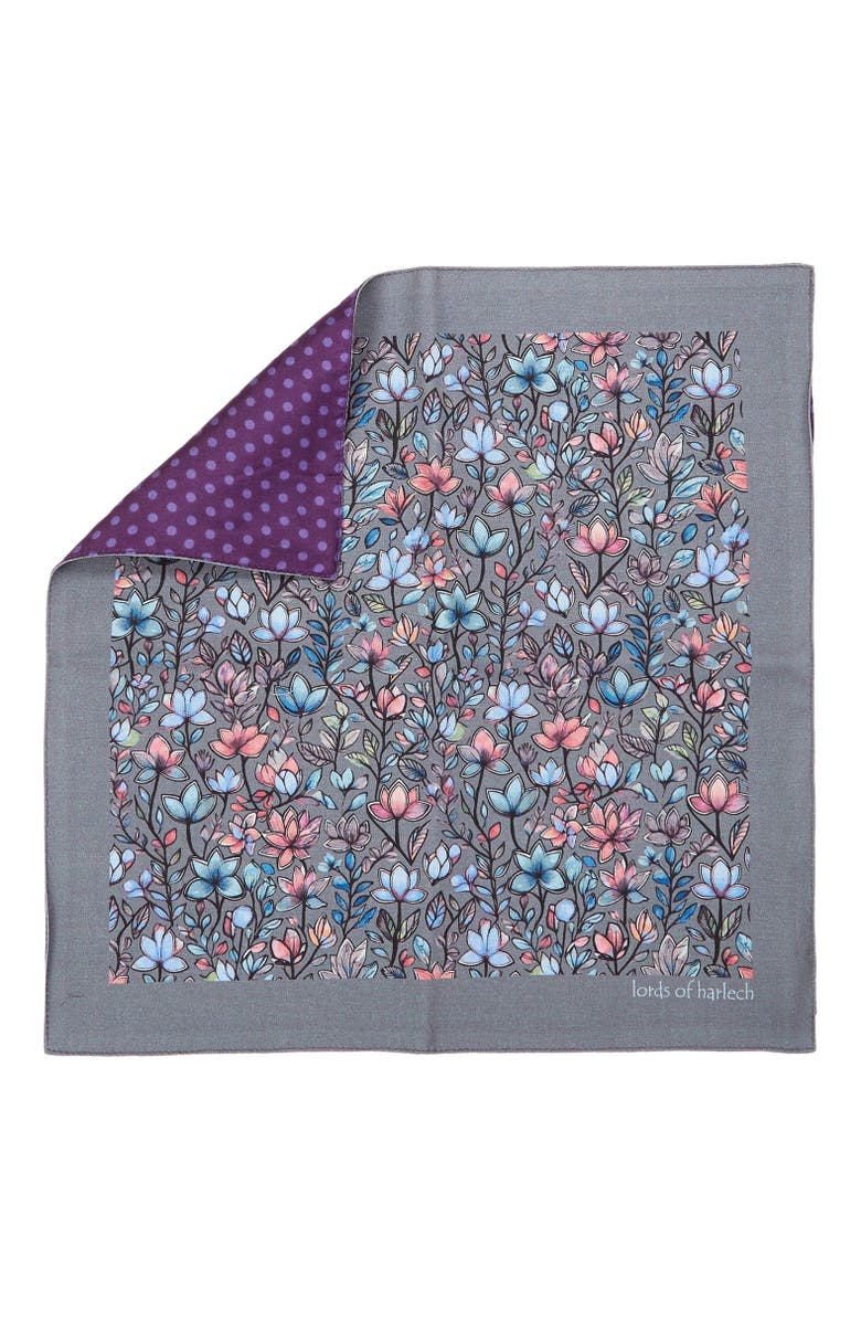 Lords of Harlech Hudson Merino Wool Handkerchief Pocket Square, Alternate, color, Mystic Floral Grey