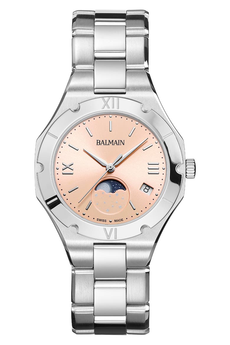 Be Balmain Moonphase Bracelet Watch, 33mm, Main, color, PINK STAINLESS STEEL
