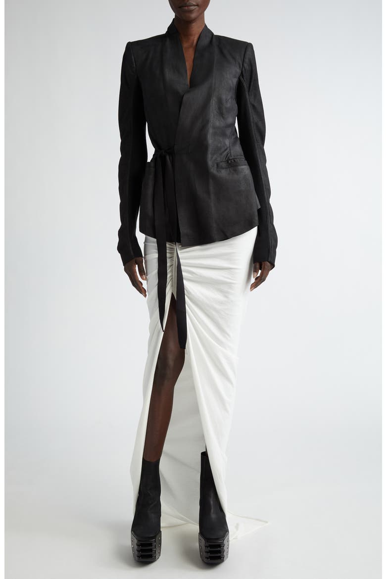 Side Tie Leather & Knit Wrap Top, Alternate, color, BLACK