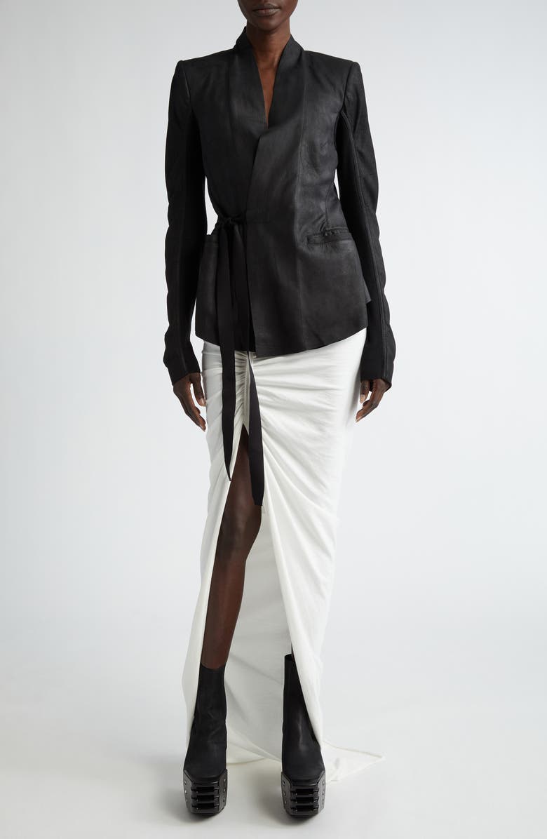 Rick Owens Side Tie Leather & Knit Wrap Top, Alternate, color, 