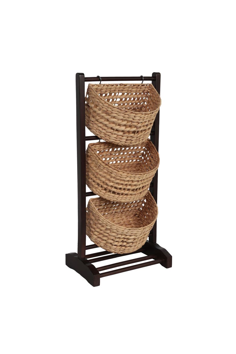 Havana Handcrafted Pine Wood 3-Tier Floor Stand with Water Hyacinth Baskets Storage Rack, Main, color, Brown