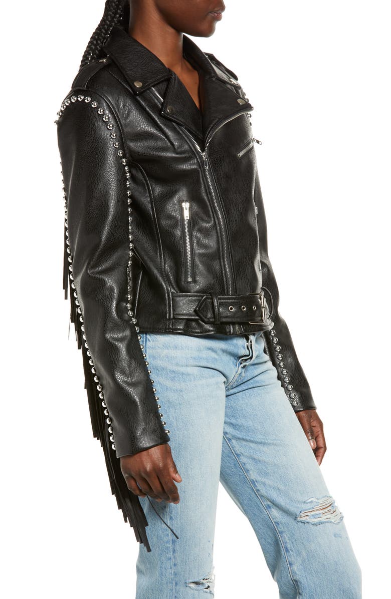 AZALEA WANG Fringe Faux Leather Moto Jacket, Alternate, color,