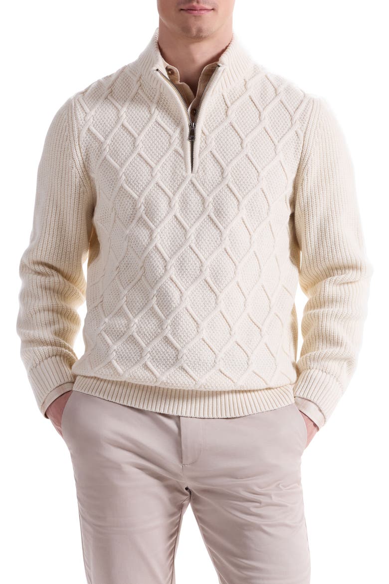 Merino Wool & Cotton Diamond Quarter Zip Sweater, Main, color, CHALK