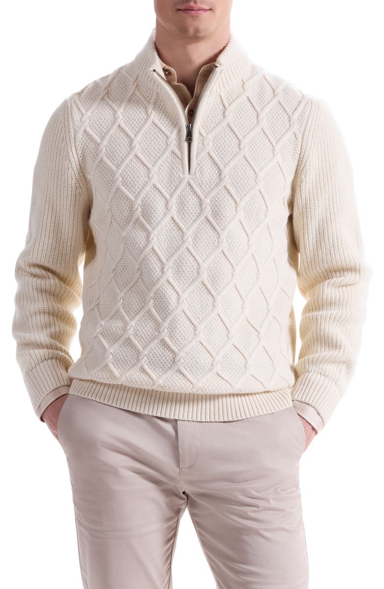 Bugatchi Merino Wool & Cotton Diamond Quarter Zip Sweater, Main, color, Chalk