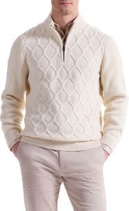 Bugatchi Merino Wool & Cotton Diamond Quarter Zip Sweater