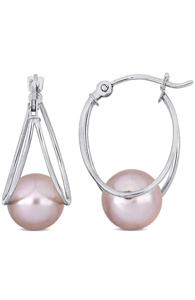 Julianna B. Cultured Pearl Drop Hoop Earrings 10k, Main, color, Pink Pearl/White Gold
