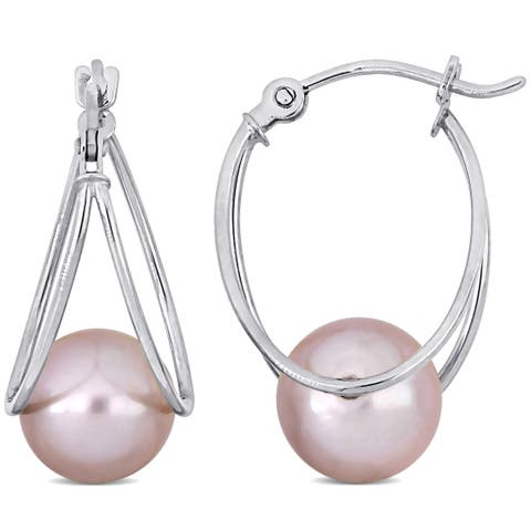 Cultured Pearl Drop Hoop Earrings 10k