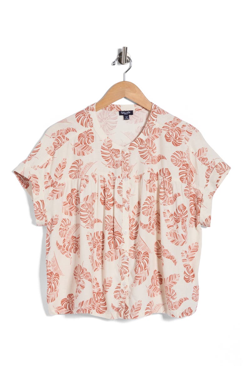 Short Sleeve Button-Up Top, Alternate, color, OFF WHITE TROPICAL PRINT