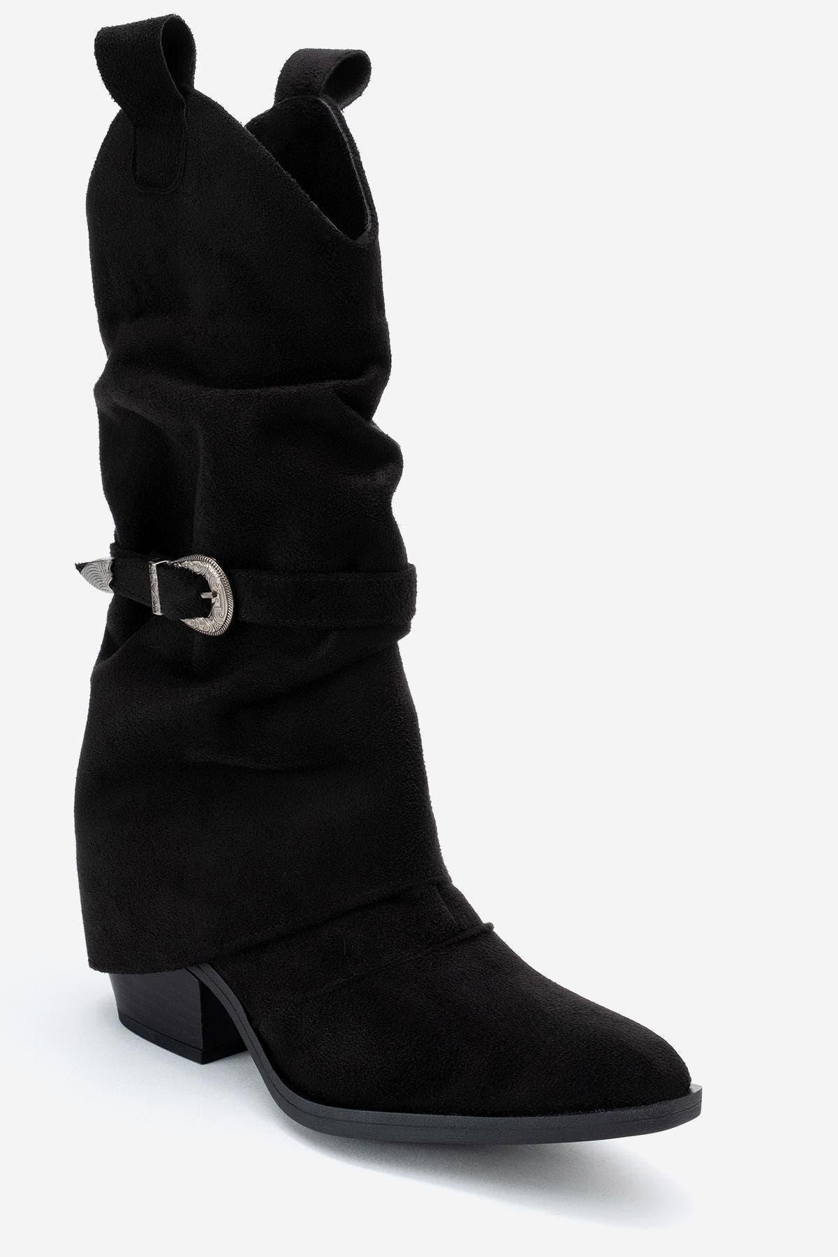Okus Buckle Block Heel Boot, Alternate, color, Black Suede Faux Leather