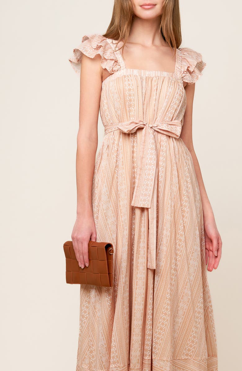 FLYING TOMATO Ruffle Cap Sleeve Cotton Maxi Dress, Alternate, color, Taupe