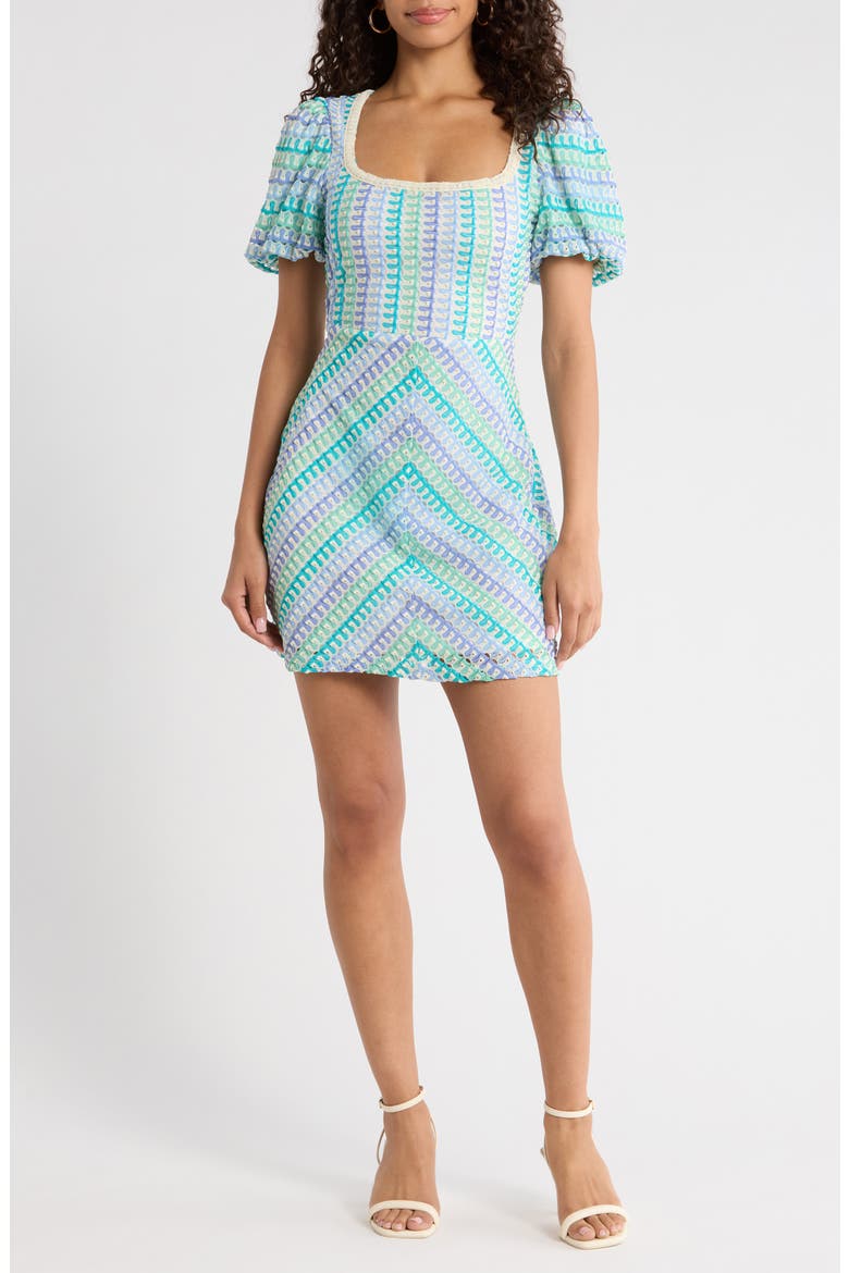 Widley Reyna Crochet Minidress, Main, color, BLUE WHITE