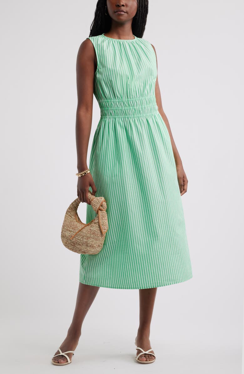 Caslon<sup>®</sup> Sleeveless Smocked Waist Cotton Midi Dress, Alternate, color, Green Emperor- White Stripe