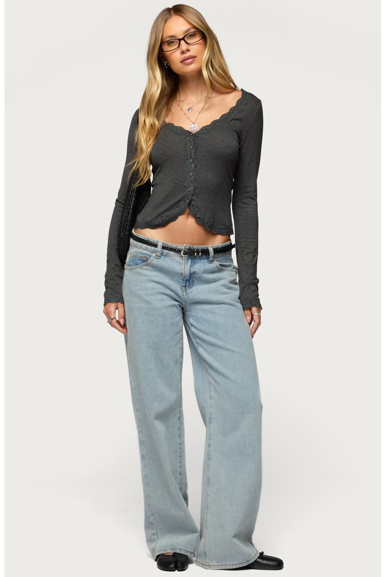 Gayle Lace Trim Button-Up Crop Top, Alternate, color, DARK-GRAY