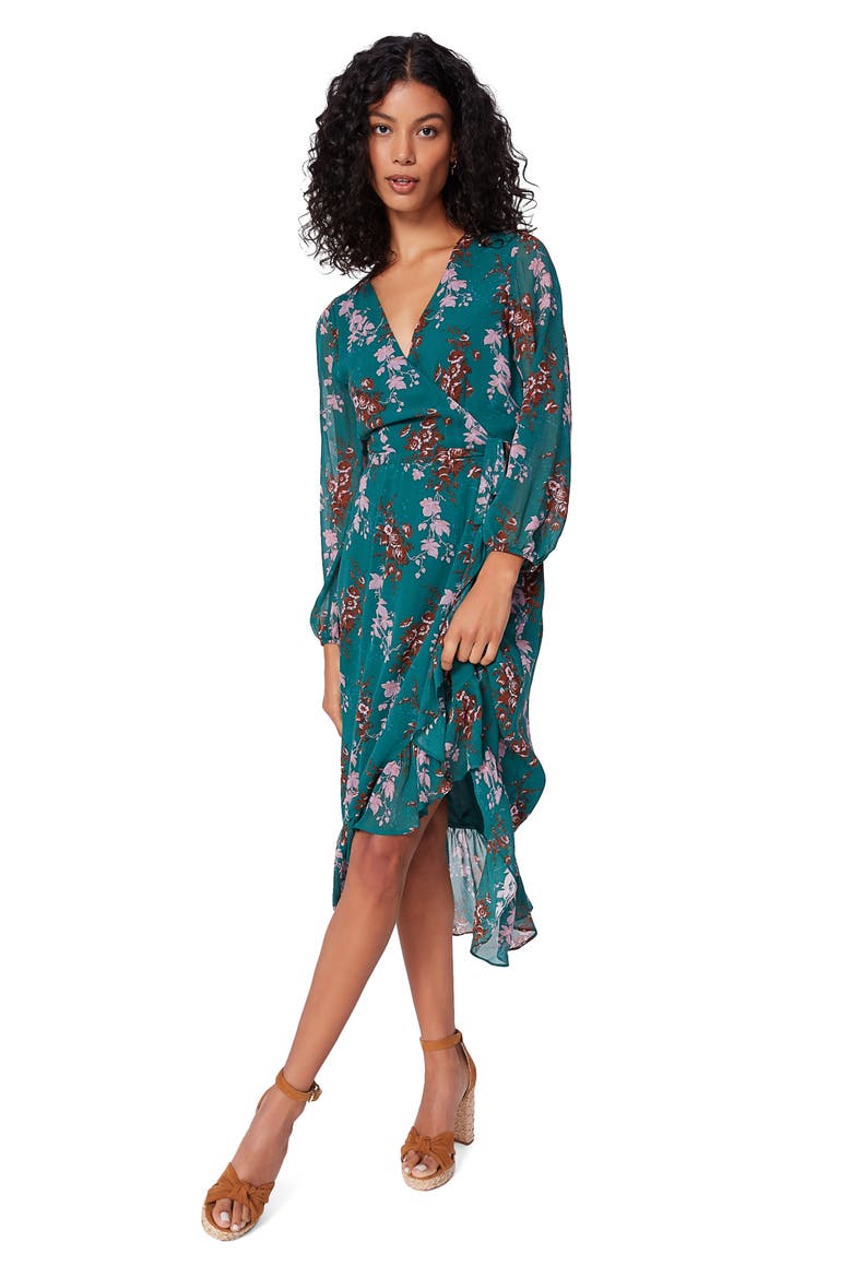 Palazzo Print Long Sleeve Silk Wrap Dress, Alternate, color, DARK AQUA MULTI