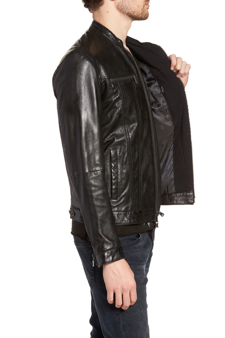 Band Collar Leather Jacket, Alternate, color, BLACK