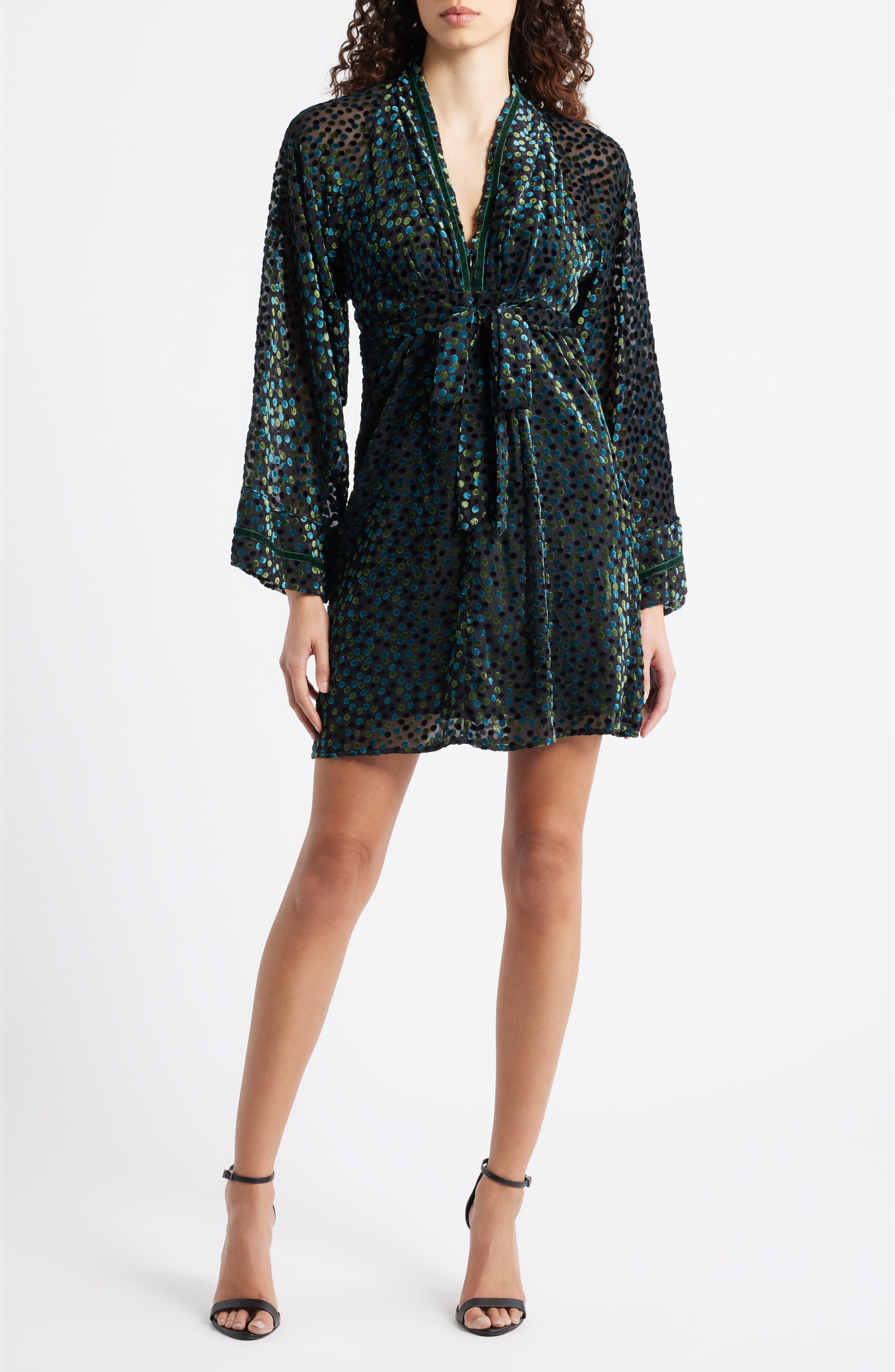 CIEBON Amaia Velvet Flock Dot Long Sleeve Minidress
