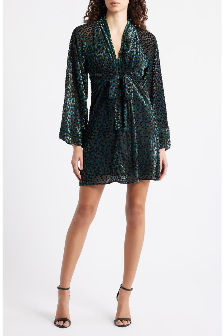 Amaia Velvet Flock Dot Long Sleeve Minidress, Main, color, GREEN