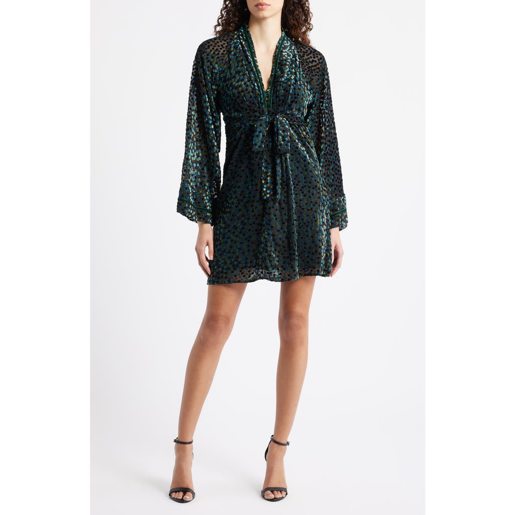 Ciebon Amaia Velvet Flock Dot Long Sleeve Minidress In Green