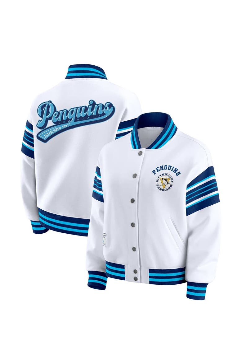 Women's WEAR by Erin Andrews White/Navy Pittsburgh Penguins Full-Snap Fleece Sweatshirt Jacket, Main, color, Navy