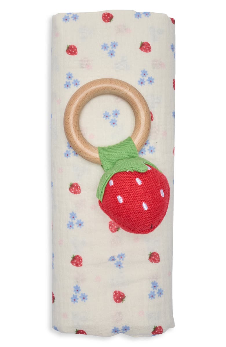 Ladi Ladi Strawberry Muslin Swaddle & Rattle Set, Main, color, 
