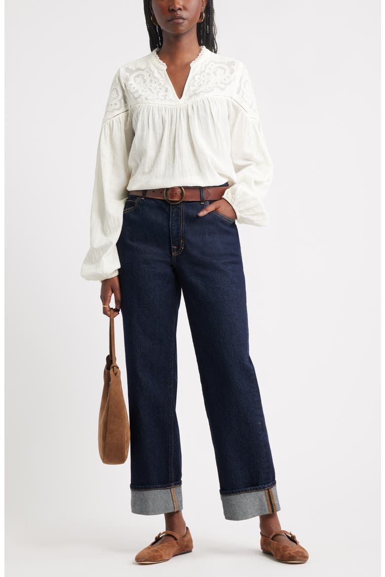 Cuffed High Waist Stretch Denim Straight Leg Jeans, Alternate, color, TRUE INDIGO WASH