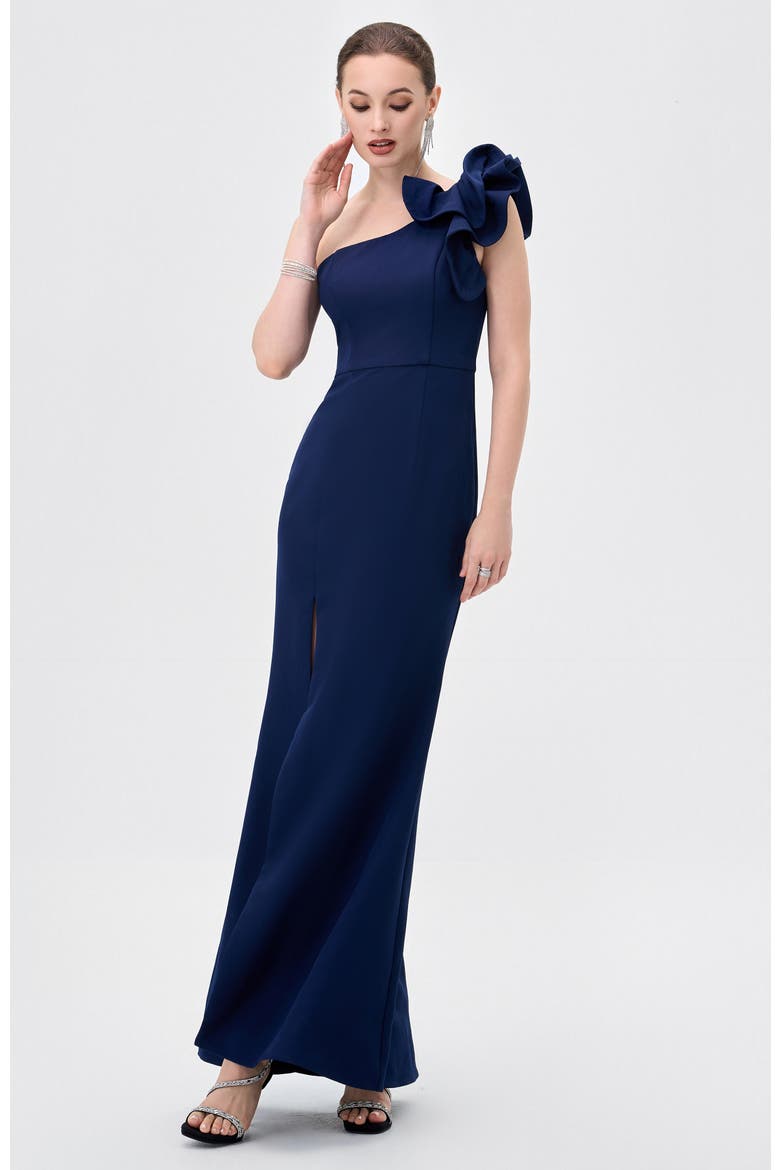Sue Frill Shoulder Gown, Main, color, NAVY