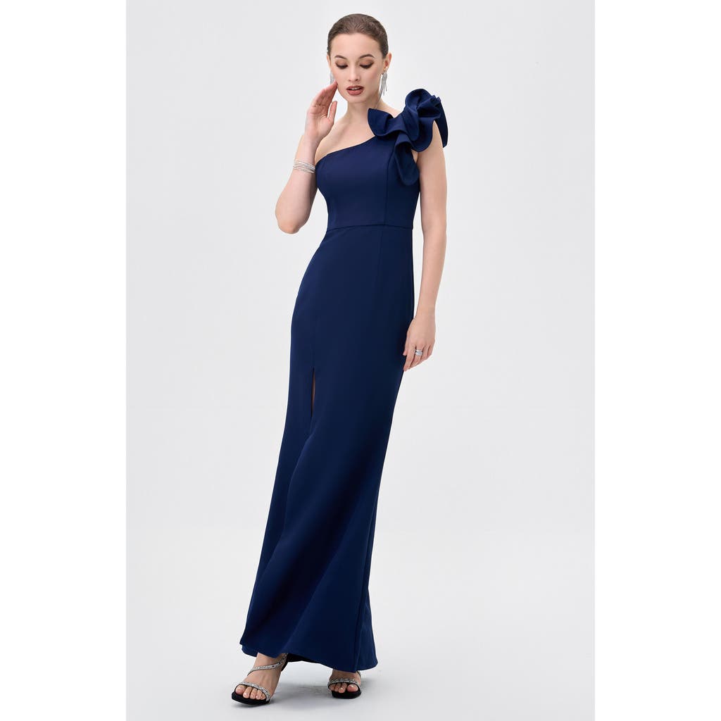 Bariano Sue Frill Shoulder Gown In Blue