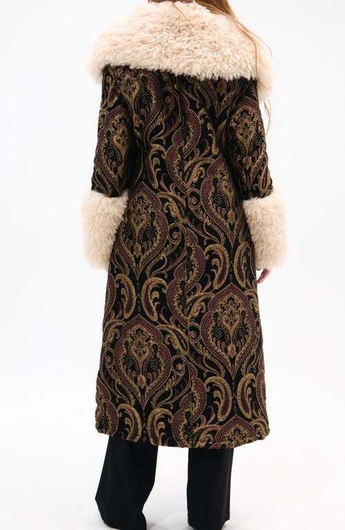 Azalea Wang Otelia Jacquard Coat With Faux Fur Trim In Brown