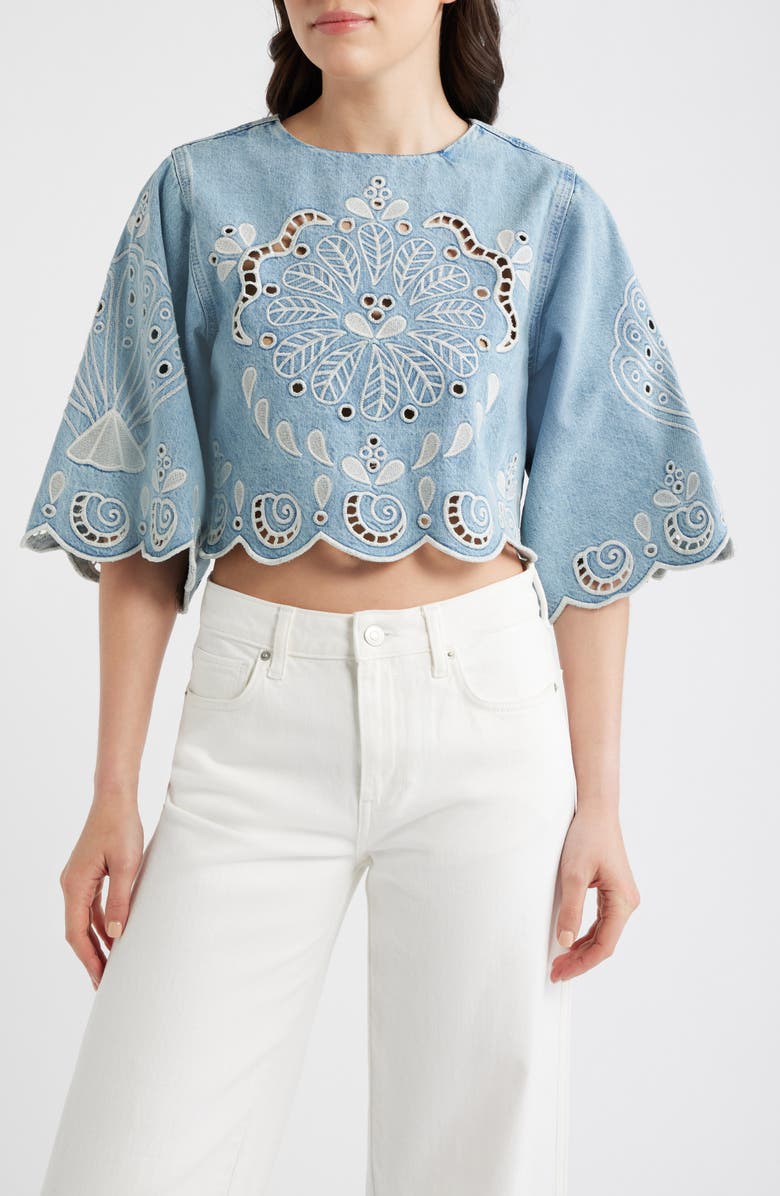 FARM Rio Richelieux Eyelet Detail Crop Denim Top, Main, color, Denim