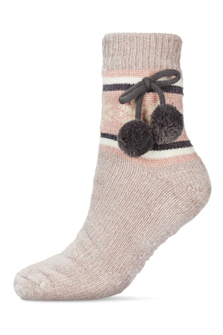 Snowflake Pompom Fleece Lined Slipper Socks, Main, color, TAUPE