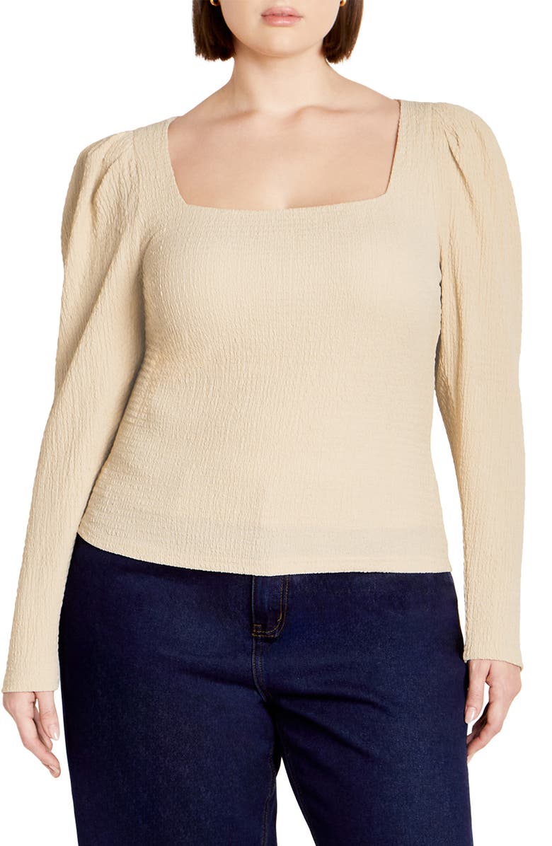 City Chic Mysteria Shirred Square Neck Puff Shoulder Long Sleeve Top, Main, color, 