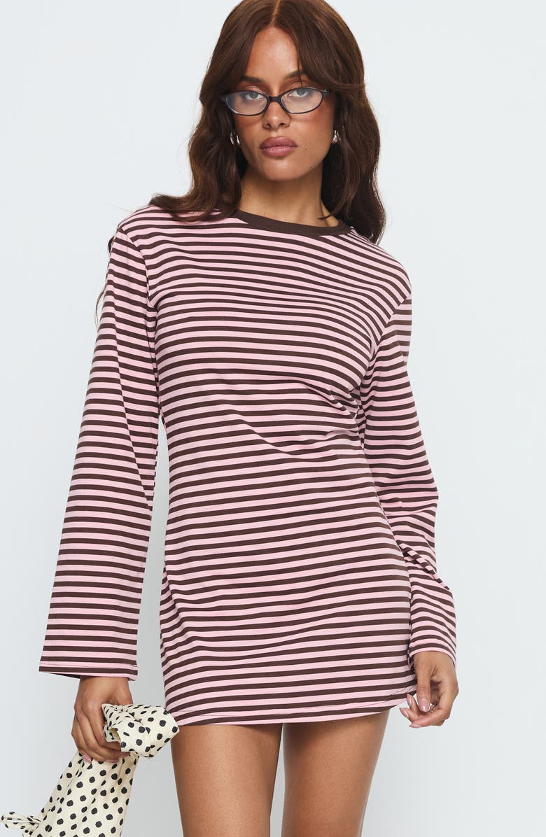 Princess Polly Lulolah Stripe Long Sleeve T-Shirt Minidress, Alternate, color, Chocolate / Pink Stripe