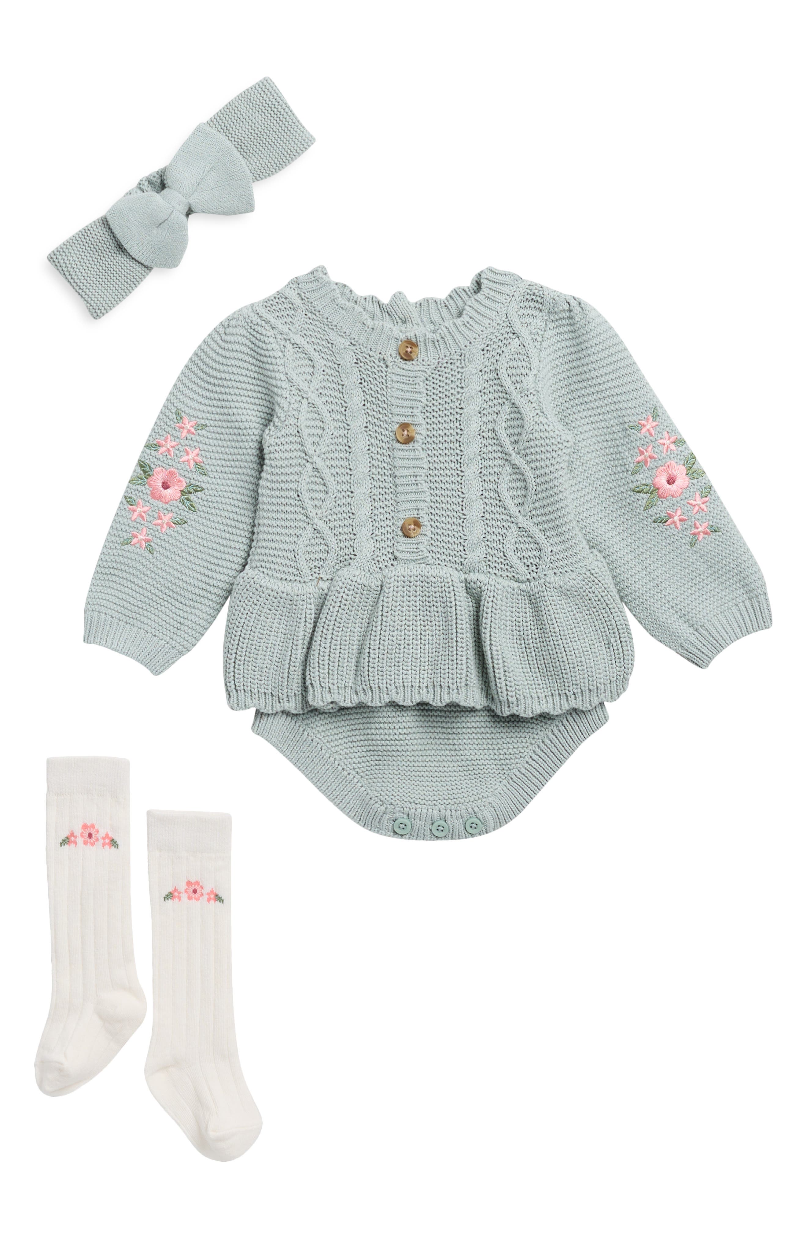 Floral Detail Peplum Sweater Romper, Headband & Socks Set