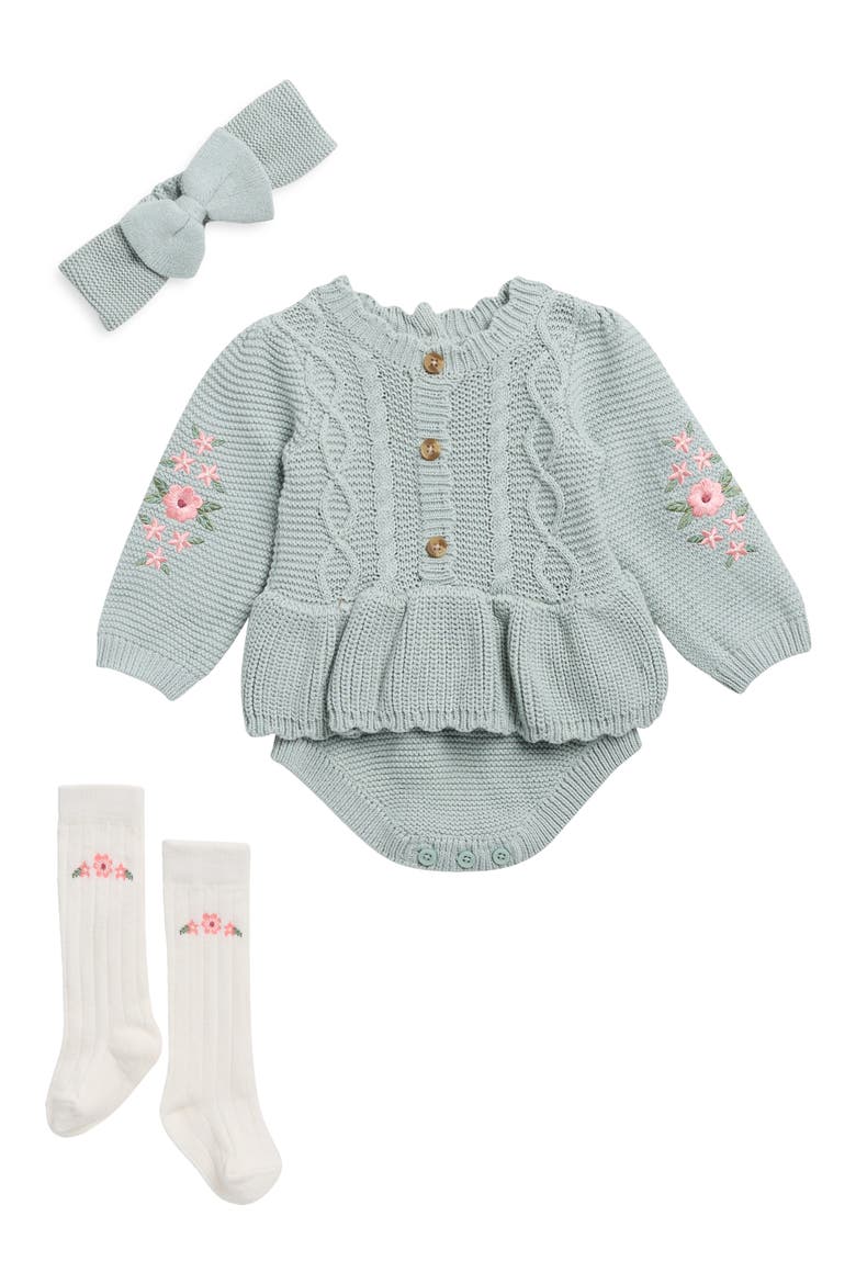Floral Detail Peplum Sweater Romper, Headband & Socks Set, Main, color, AQUA GRAY