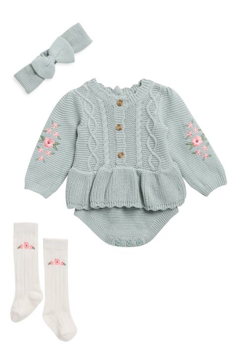 Floral Detail Peplum Sweater Romper, Headband & Socks Set