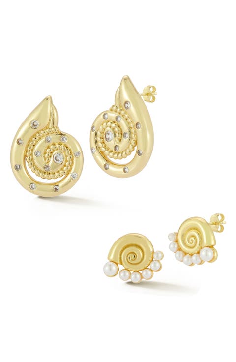 Set of 2 Faux Pearl & Cubic Zirconia Shell Stud Earrings