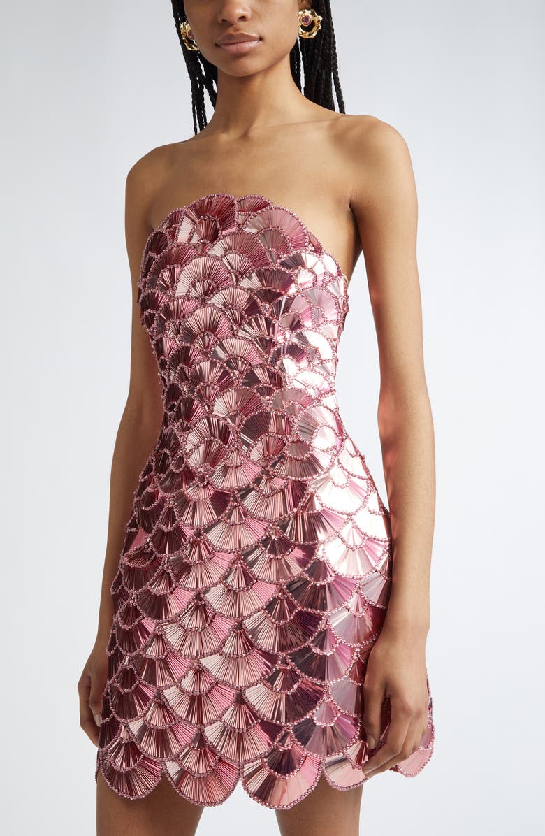 Oscar de la Renta Sequin Scallop Embroidered Strapless Cocktail Minidress, Alternate, color, 