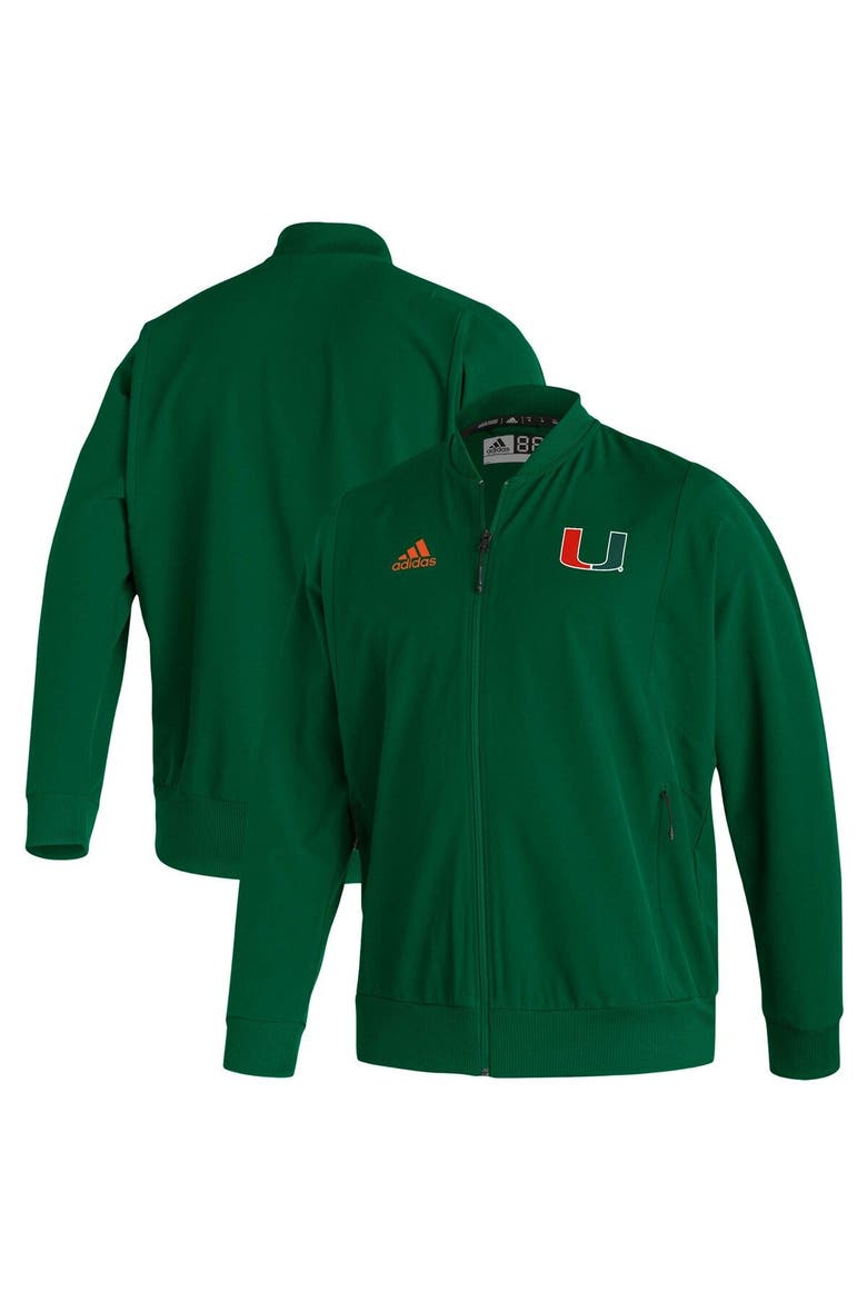 Men's adidas Green Miami Hurricanes 2021 Sideline Woven Primeblue Full-Zip Bomber Jacket, Main, color, Hunter Green