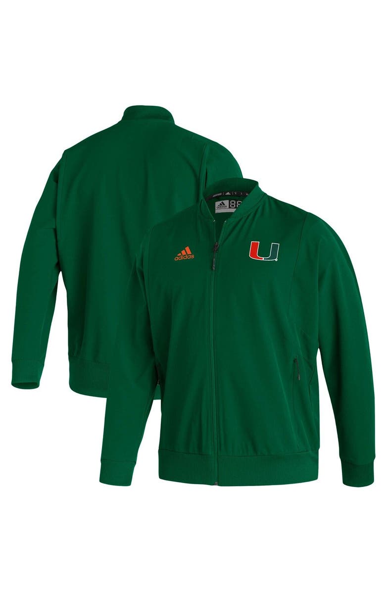 adidas Men's adidas Green Miami Hurricanes 2021 Sideline Woven Primeblue Full-Zip Bomber Jacket, Main, color, 