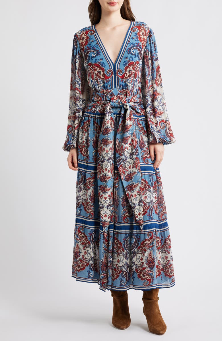 FARM Rio Paisley Scarf Print Long Sleeve Tiered Dress, Main, color, Paisley Scarf Cream