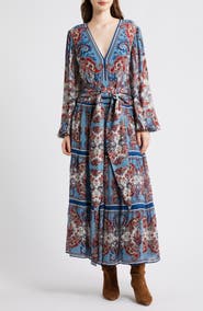 FARM Rio Paisley Scarf Print Long Sleeve Tiered Dress