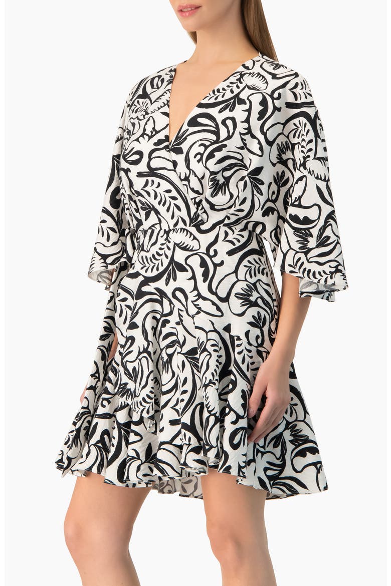 Swirl Botanical Print 3/4 Sleeve Fit-and-Flare Mini Dress, Alternate, color, White