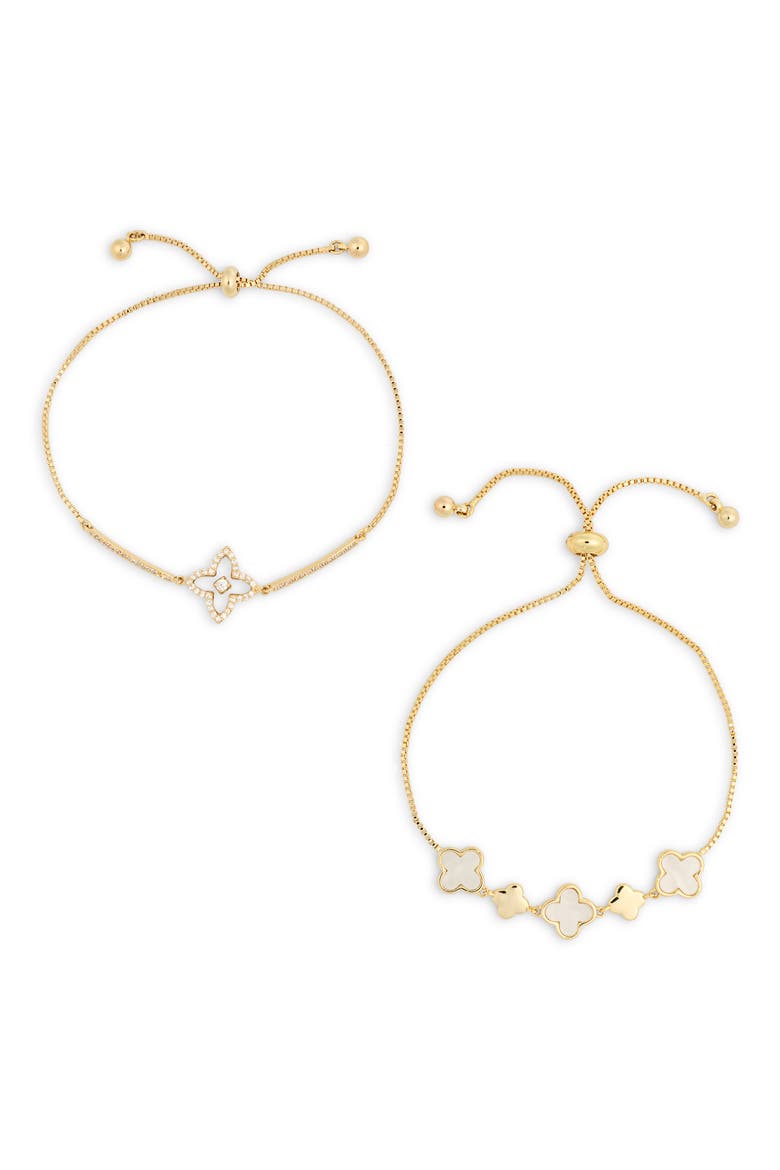 Yasmin 2-Pack Cubic Zirconia & Enamel Clover Slider Bracelets, Main, color, GOLD